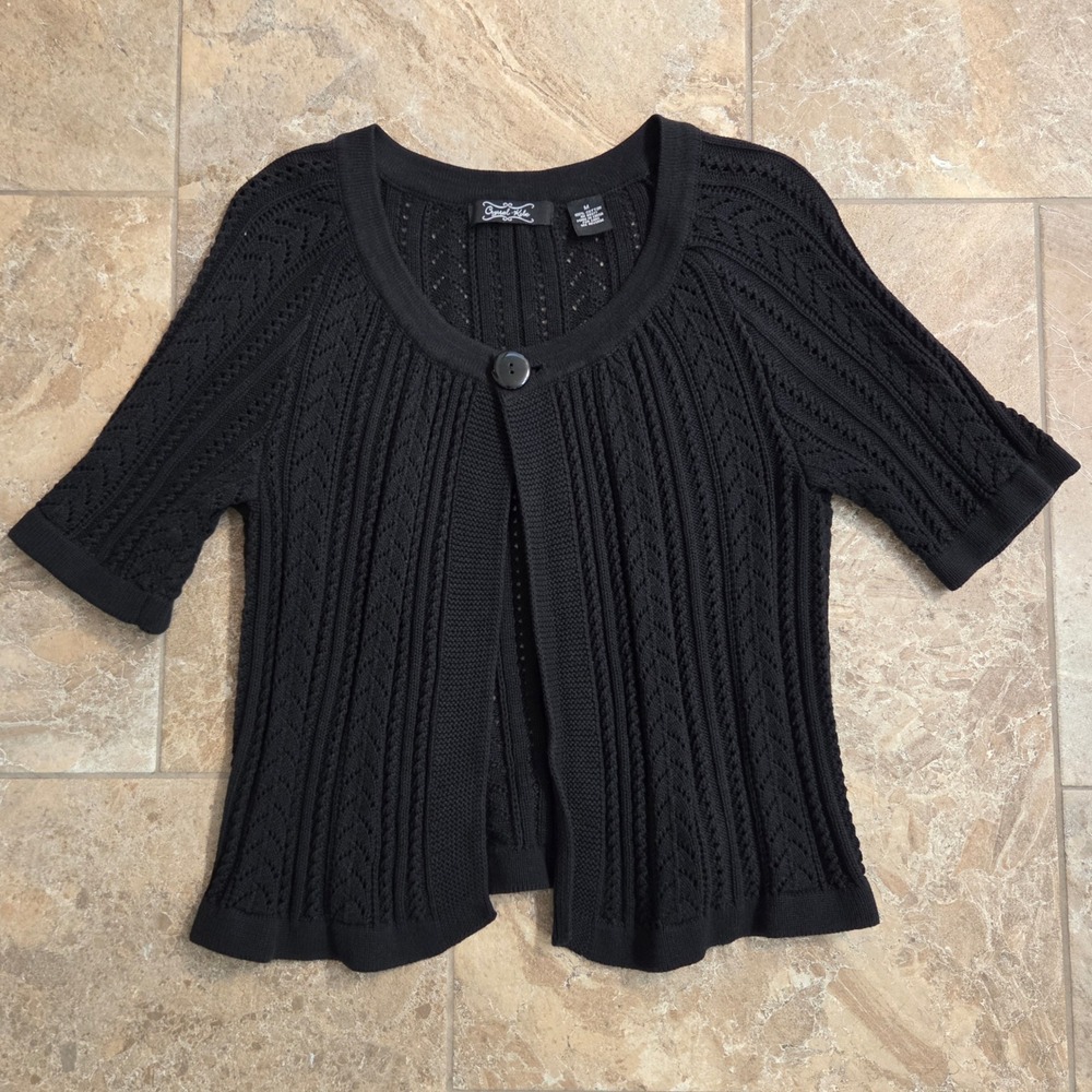 Crystal Kobe Womens Black Pointelle Knit Cardigan Single Button‎ Short Sleeve M
